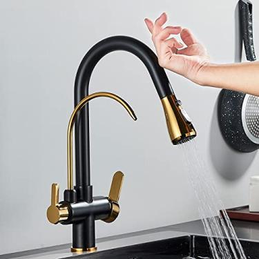 Imagem de Torneira de cozinha com filtro de sensor de toque, torneira de cozinha de latão com água pura, torneira misturadora giratória, guindaste de água quente e fria, modo de 2 vias, preto e dourado