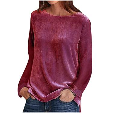 Imagem de Camisetas femininas de veludo gola redonda para mulheres, folgada, longa, básica, outono, inverno, 2024, F-295 Vermelho, XG