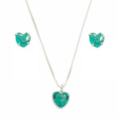 Imagem de Colar Prata 925 Feminino 50cm Pingente Coração Brinco Verde