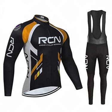 Imagem de Camisa de ciclismo de inverno equipe outono manga longa calças babador conjunto de lã térmica masculino roupa de bicicleta esporte equitação MTB roupas de bicicleta, laranja, PP (160 cm/53 kg)