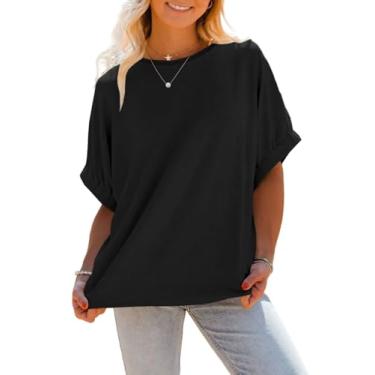 Imagem de Tankaneo Camisetas femininas grandes de verão 2024 da moda de malha canelada manga curta gola redonda básica, Preto, M