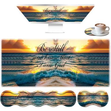 Imagem de Conjunto de mouse pad grande, mouse pad de mesa + almofada de pulso de teclado + tapete de pulso de mouse + porta-copos ergonômico, espuma viscoelástica multifuncional - Sunset Beach