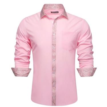 Imagem de Barry.Wang Camisa social masculina casual clássica de botão com contraste interno formal manga longa estampada modelagem regular, Um floral rosa, XXG