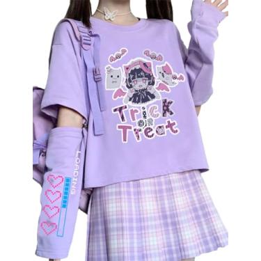 Imagem de EMILYLE Moletom feminino estilo anime casual Kwaii Cartoon camiseta estilo Harajuku streetwear, 1 pp roxo, P