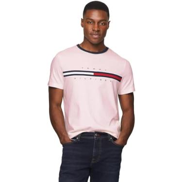 Imagem de TOMMY HILFIGER Camiseta masculina de gola redonda bordada com bandeira de modelagem regular coleção 2024, Rosa simples, XXG