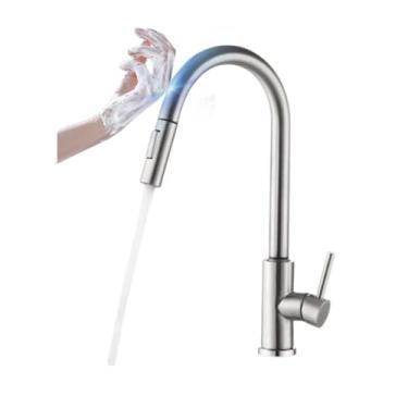 Imagem de Puxe para fora preto sensor torneiras de cozinha aço inoxidável indução inteligente misturado toque controle toque pia e misturador água fria, escova níquel c