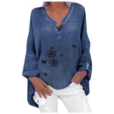 Imagem de Blusa feminina casual de linho, gola Henley, manga comprida, algodão, folgada, estampada, para trabalho, Azul marino, G