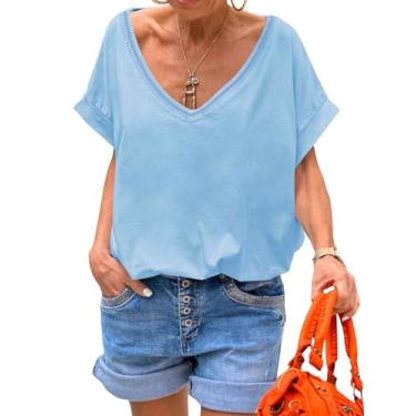 Imagem de Tankaneo Camisetas femininas com gola V profunda, casual, verão, caimento solto, manga curta, Azul-celeste, M