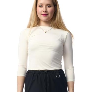 Imagem de ESTEEZ Camiseta feminina de manga 3/4 com gola redonda elegante e caimento confortável, Creme, M
