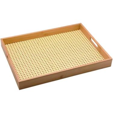 Imagem de Bandeja Multiuso em Bambu Retangular Grande 48cm - Com Palhinha Indiana - Ideal para Cantinho do Café - Fácil de Limpar