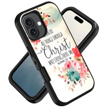 Imagem de ZXHSBROK Capa projetada para iPhone 16, capa protetora de 3 camadas à prova de choque para iPhone 16 (2024) 6,1 polegadas, versículo bíblico com citação cristã Filipenses 4-13