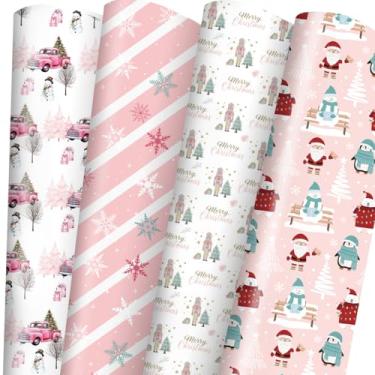 Imagem de Adurself 6 folhas jumbo, papel de embrulho rosa, árvore de Natal, quebra-nozes, boneco de neve, caminhões de floco de neve, papel de embrulho de presente plano dobrado para aniversário, chá de bebê,