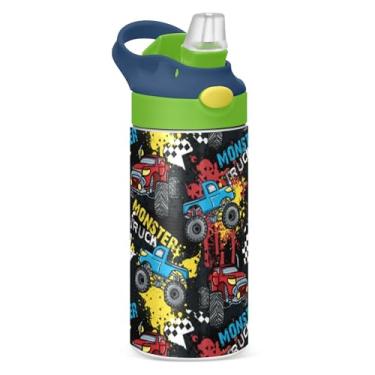 Imagem de Garrafa de água infantil preta Monster Truck com canudo e alça de transporte, carros de corrida, esportes, garrafas de aço inoxidável isoladas a vácuo, à prova de vazamento, para meninos e meninas,