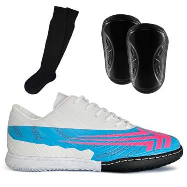 Imagem de Kit Jogador Chuteira Tênis Futsal Infantil Juvenil Quadra Salão + Caneleira e Meião (Branco + Azul, BR, Adulto, Numérico, 43)