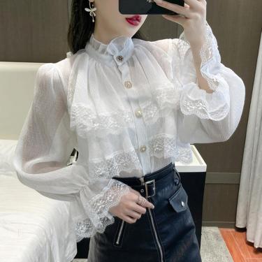 Imagem de Blusa vitoriana branca manga longa gótica rendas até espartilho top feminino escritório renascentista vintage festa goth babados camisas lolita, branco, s