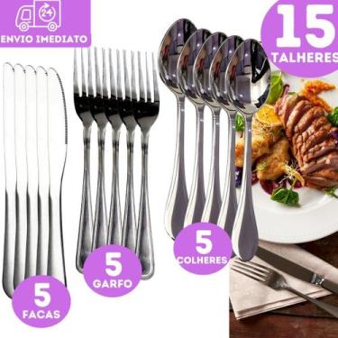 Imagem de Kit 15 Talheres 5 Garfo 5 Colher 5 Faca Inox Mesa Buffet Restaurante -