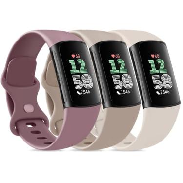 Imagem de Pacote com 3 pulseiras macias para Fitbit Charge 5 e 6 para mulheres e homens, pulseiras macias para rastreador de atividades físicas (grande, luz das estrelas/violeta fumo/chá de leite)