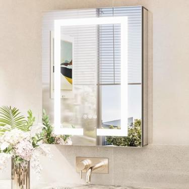 Imagem de TokeShimi Armário de medicamentos iluminado de 50 x 66 cm, montagem em superfície espelhada, 3 cores, regulável, antiembaçamento, espelho de medicamentos embutido com luz e tomada, espelho de banheiro