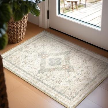 Imagem de Tapete Ashler Boho, tapetes vintage de entrada 2x3, tapete marroquino para sala de estar, quarto, cozinha, sala de jantar, decoração de casa cinza claro, tapetes antiderrapantes e laváveis na máquina, decoração de carpete