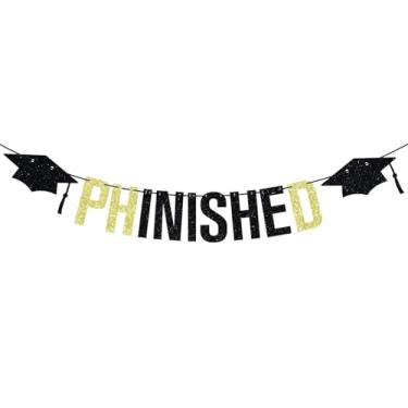 Imagem de Banner Phinished, decoração de festa de formatura PHD, banner de parabéns, PHD acabado, decorações de festa de formatura doutorado, glitter preto e dourado