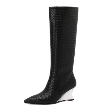 Imagem de UNWRBD Botas de cano médio trançadas de salto cunha de 6 cm botas de cano médio de emenda de inverno salto alto feminino, Preto, US4.5 EU34