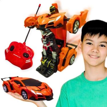 Imagem de Carro de Controle Remoto que Vira Transforma Robô com Roda Emborrachada Presente Aniversário Brinquedo Infantil Interativo Menino 7 8 9 Anos (Laranja)