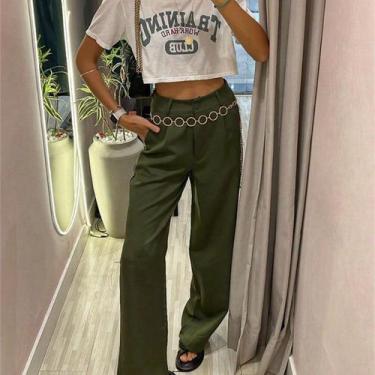 Imagem de A-Lows A&L calca pantalona alfaiataria Sem Faixa Liso Com Anel, Verde 