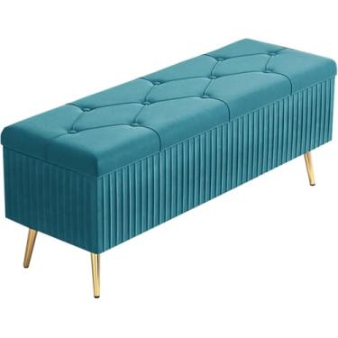 Imagem de Banqueta retangular de veludo dobrável para armazenamento contra incêndios, armazenamento de grande capacidade, adornado com botões e pernas antiderrapantes, 60 x 40 x 45 cm, azul