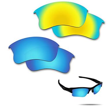 Imagem de Fiskr Lentes polarizadas de substituição para óculos de sol Oakley Flak Jacket XLJ(OO9009) com resistência a impactos, proteção contra raios UV e proteção multifuncional (azul gelo e ouro 24 quilates)