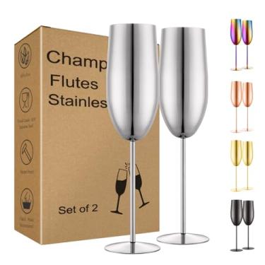 Imagem de UNISWEET Conjunto de 2 taças de champanhe de aço inoxidável, taças de champanhe são perfeitas para champanhe, coquetéis, vinho branco tinto, suco de frutas, qualquer bebida quente ou fria. (prata)