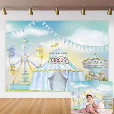 Imagem de Yeele Cenário de circo, azul claro, tema para chá de bebê, recém-nascidos, cenário, playground, carrossel, roda-gigante, barraca de circo, cenário de vinil para festa ao ar livre, 2,1 x 1,5 m