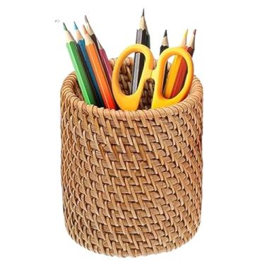 Imagem de Porta-lápis, pote de vime para mesa, organizador de pincéis de maquiagem de vime, boho, organizador de lápis, organizador de mesa para escritório e casa, utensílios de cozinha, talheres