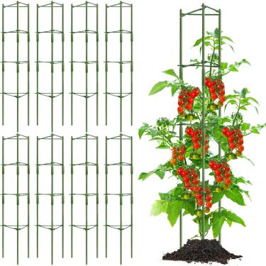 Imagem de Hicarer 8 gaiolas de tomate para jardim de até 165 cm gaiola de suporte de plantas treliça montada gaiola de jardim de tomate resistente estacas de tomate com 150 clipes de plantas para plantas