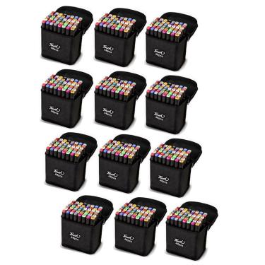 Imagem de Caneta Canetinha Permanente 48 Cores Ponta Dupla Estojo Kit 12 unidades Marcador Bolsa com Alça Desenho Pintura Escola Faculdade Curso Artes