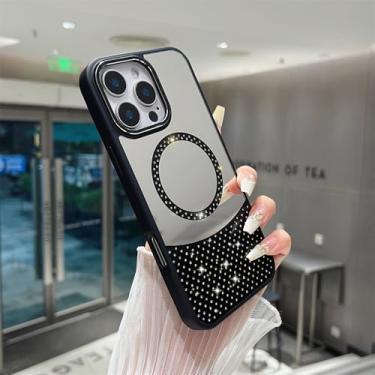 Imagem de Glitter Diamond Make Up Mirror Magnetic Phone Case para iPhone 15 14 11 12 13 16 Pro Max Plus Capa de carregamento sem fio, preta, para iPhone 11