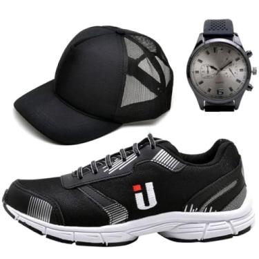 Imagem de Tênis Masculino Esportivo Academia Caminhada Acompanha Brindes Boné e Relógio (Preto, BR, Adulto, Numérico, 40)