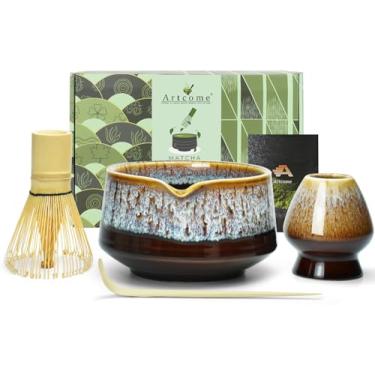 Imagem de Artcome Conjunto De Utensílios Para Matcha - Kit Completo Com Tigela Bico, Batedor Bambu, Colher Chá E Suporte Batedor, Esmalte Dourado