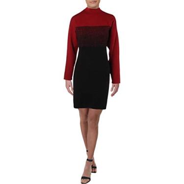 Imagem de Anne Klein Vestido feminino de manga comprida com gola redonda, Combo Anne preto/vermelho titiano, GG