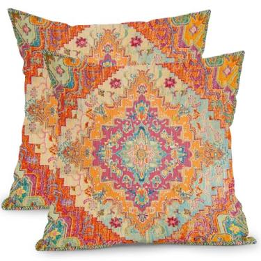 Imagem de Chinoiserie Capa de almofada 45,7 x 45,7 cm, conjunto de 2 almofadas decorativas vintage, laranja, boêmia, amarelas, capas de almofada de algodão e linho para sofá, cama, decoração de casa e exterior