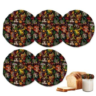 Imagem de Tampas de pote para iniciantes Sourdough, pacote com 5 tampas de pano reutilizáveis de cogumelos e folhas para frascos de 7 a 10 cm, ideal para kefir de kombucha ou fermentação de queijo
