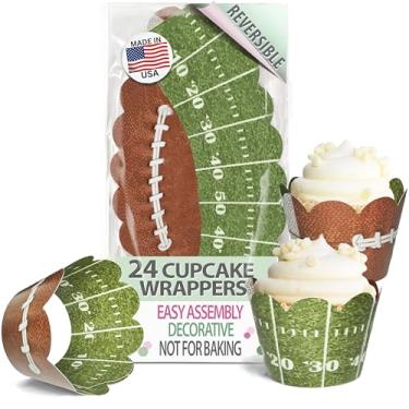 Imagem de Embalagens de cupcake – Artigos de festa de superbowl de aniversário de futebol, porta traseira, tema de equipe esportiva, casamento, chá de bebê, envoltórios de sobremesa reversíveis (campo de grama