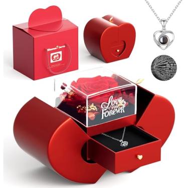 Imagem de Colar rosa real vermelha preservada com eu te amo em 100 idiomas, flores para sempre, rosa presentes de aniversário para namorada, mãe, avó, esposa, ideia para Natal, Dia dos Namorados, Dia das Mães
