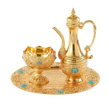 Imagem de Ioensy Vintage Turkish Coffee Pot Set Metal Wine Glass Jug Crafts Luxury Water Serving Set para casa de estar para festa de chá em casa casamento