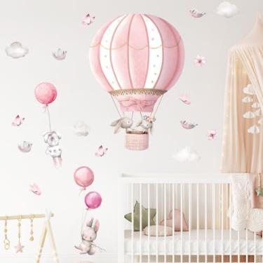 Imagem de Fufuquare Pink Hot Air Balloon Rabbit Wall Stickers Animal Dream Peel and Stick Wall Decals for Kids' Rooms Nursery Classroom