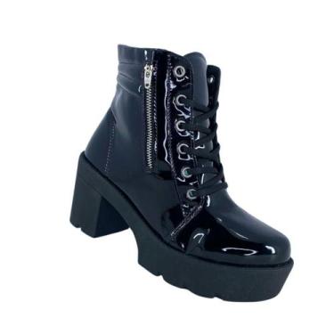 Imagem de Bota Tratorada Feminina de Salto com Cano Médio - GLADS, Verniz preto,