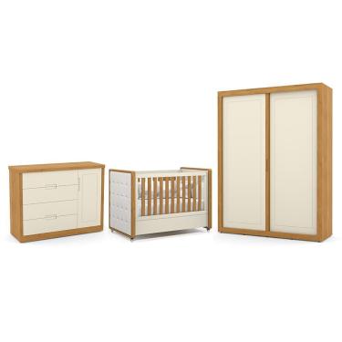 Imagem de Dormitório Tutto New 2 Portas, Cômoda 1 Porta e Berço com Capitonê - Matic Móveis Off White/Freijó