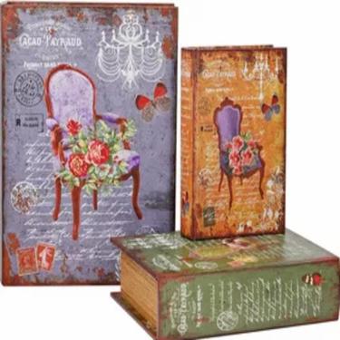 Imagem de Kit 3 Cofre Livro Falso Decorativo Fake Porta Objetos Madeira Documentos Estilo Antigo Caixa Magnetico