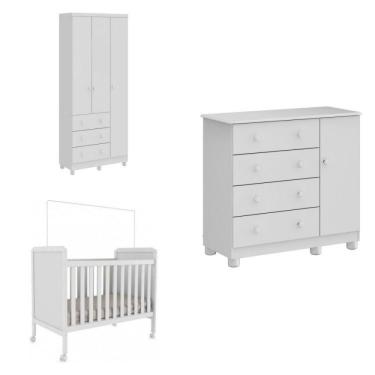 Imagem de Quarto Infantil Com Berço Mini Cama Cloe, Guarda Roupa 3 Portas E Cômoda Junior Móveis Peroba Branco