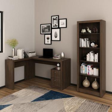 Imagem de Conjunto Home Office 2 Peças 1 Mesa Para Escritório Em L Com 1 Estante Espresso Móveis Rústico