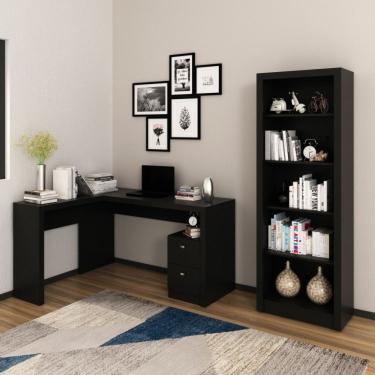 Imagem de Conjunto Home Office 2 Peças 1 Mesa Para Escritório Em L Com 1 Estante Espresso Móveis Preto